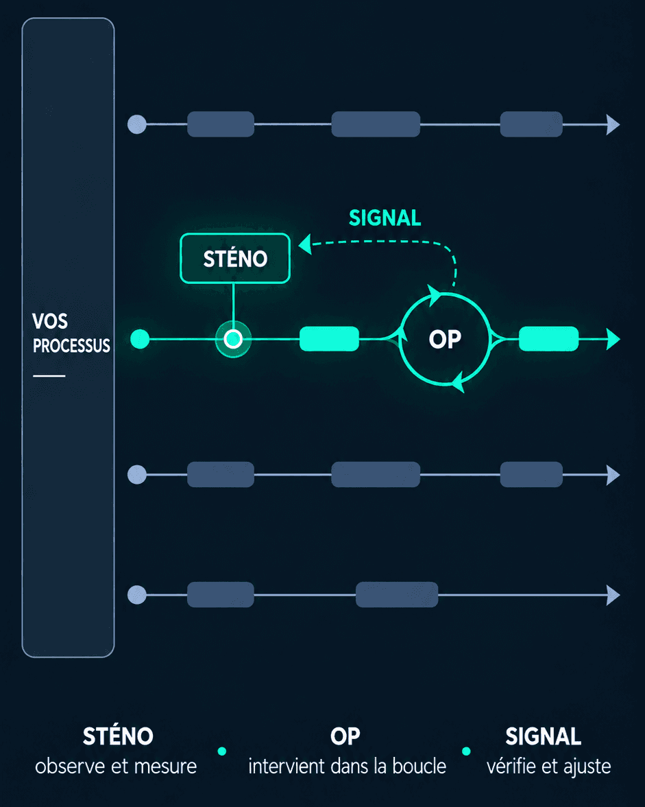 Schéma de la boucle sténo-opérationnelle entre observation, intervention opérationnelle et signal du terrain.